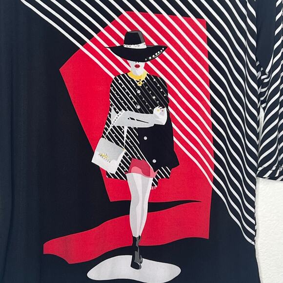 VALENTINA Chic In Red Blouse 3/4 Sleeve Scoop Neck Beaded Black White Red Size L - Picture 3 of 7